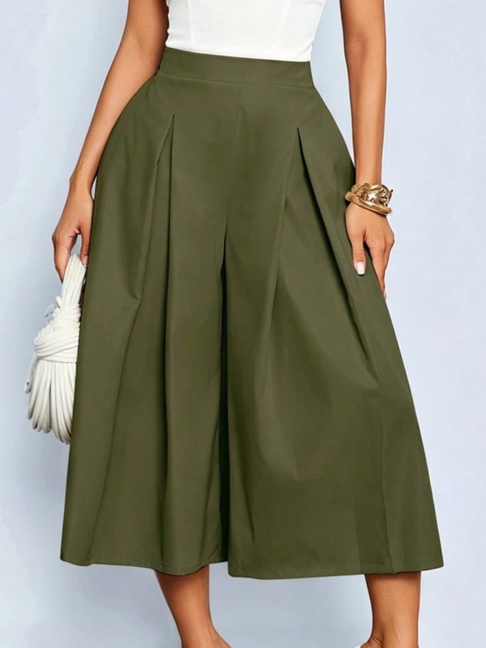 Army Green Casual Women's Casual High-Waist Pleated Capri Pants - Picture 4 of 10